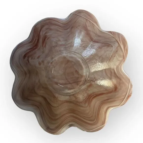 Vintage 80s San Miguel Vidrios Pink White Scalloped Edge Art Glass Bowl